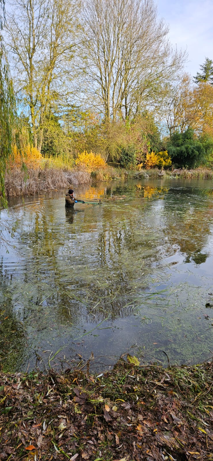 Winter pond restoration with waders